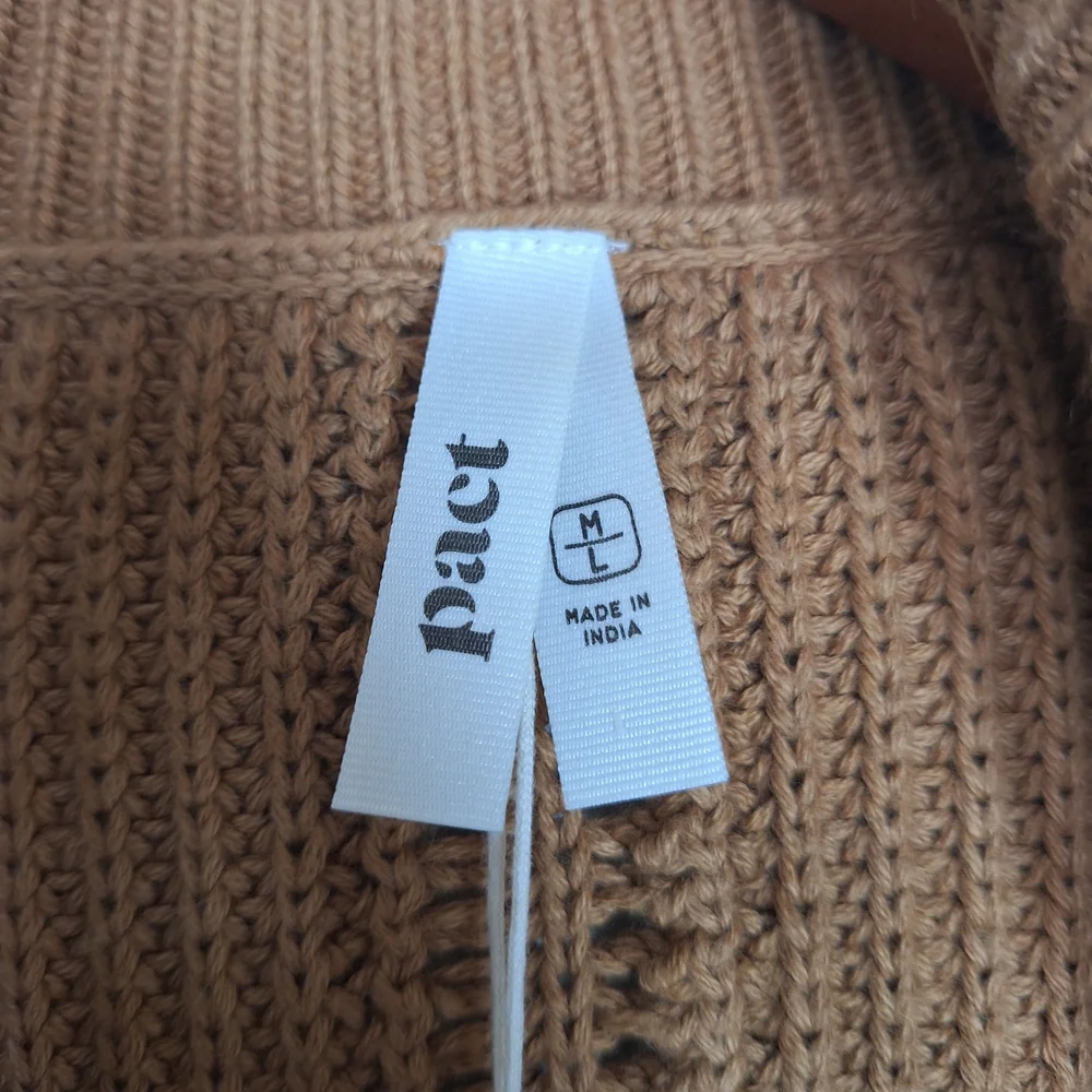 NWT Pact Organic Cotton Knit Camel Brown Sweater Cardigan Size M/L